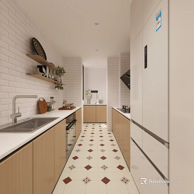 Modern Kitchen Interior With White Brick Wall Wooden Cabinets Wall Shelves And Geometric Tiled Floor 3d model 