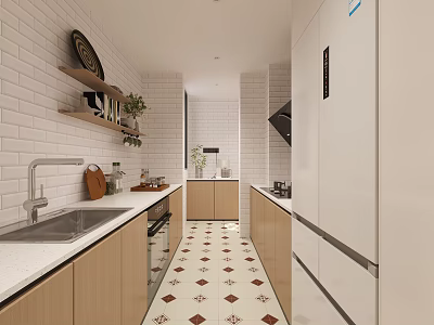 Modern Kitchen Interior With White Brick Wall Wooden Cabinets Wall Shelves And Geometric Tiled Floor 3d model