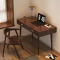 Wooden Writing Desk with Laptop Table Lamp Coffee Cup Small Statue Clock and Chair