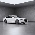White Audi Luxury Sedan Parked In Minimalist Gray Interior With Skylight And Spacious Floor