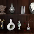 Elegant Ornamental Decor Set On Wooden Shelf With Vases Containers And Decorative Pieces