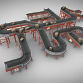 Industrial Conveyor Belt System With Multiple Belts Red Frames And Brown Boxes 3d model