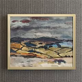 Rural Landscape Painting with Dark Clouds Rainfall Fields Trees and Cows