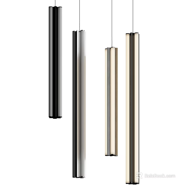 Sleek Modern Long Cylindrical Pendant Lights In Black Silver And Gold For Home Interior Decor 3d model 