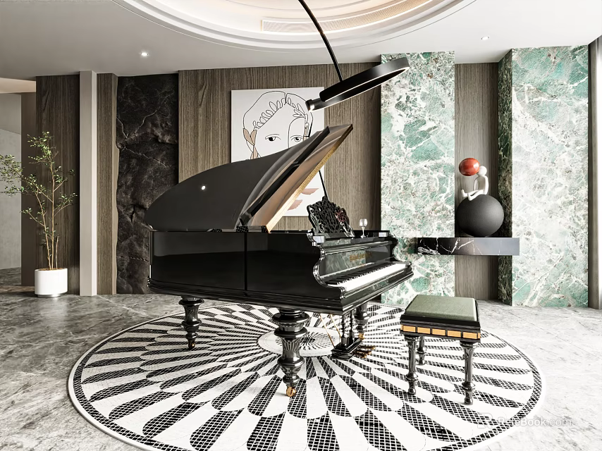 Artistic Musical Instruments and Painting Supplies Setup with Piano Canvas Brushes and Paints 3d model 