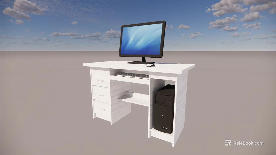 White Office Desk with Computer Monitor Keyboard PC Tower and Drawers 3d model 