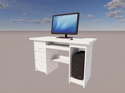 White Office Desk with Computer Monitor Keyboard PC Tower and Drawers 3d model