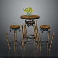 Modern Round Wooden Table With Stools And Yellow Flower Vase
