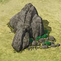 Natural Large Rock Structure With Small Stones And Green Plants On Grassy Field