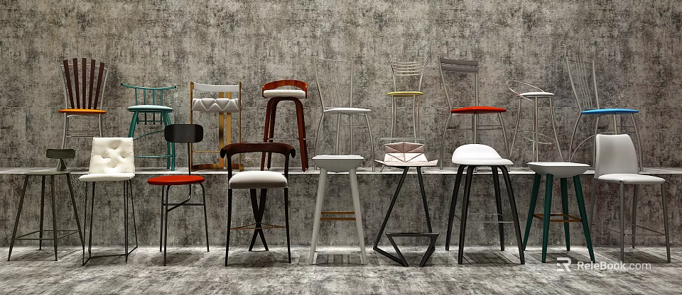 Various Modern Bar Stools In Different Colors Displayed Against Gray Wall 3d model