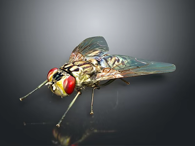 House Fly With Red Compound Eyes Transparent Wings And Striped Body On Dark Reflective Surface 3d model