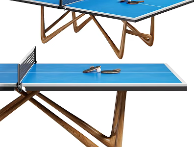 Indoor Ping Pong Table With Blue Tabletop Wooden Legs And Ping Pong Paddles 3d model