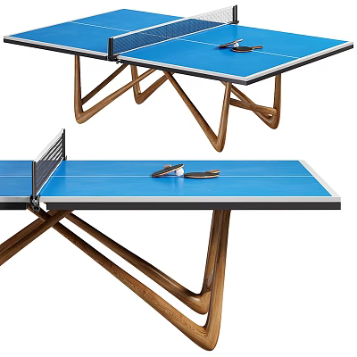 Indoor Ping Pong Table With Blue Tabletop Wooden Legs And Ping Pong Paddles 3d model