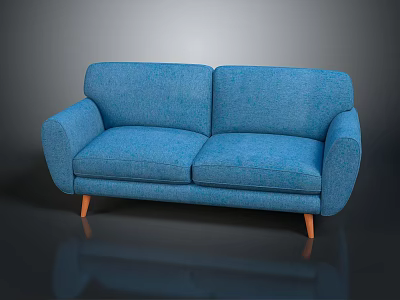 Stylish Blue Fabric Two Seater Sofa with Modern Design and Wooden Legs 3d model