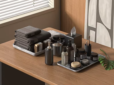 Modern Bathroom Accessories With Trays Towels Tissue Box And Toiletries 3d model