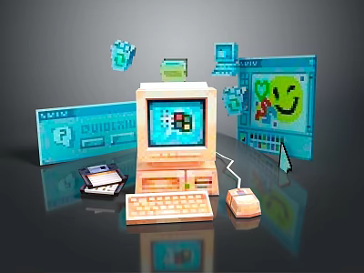 Vintage Computer Setup Featuring Retro Monitor Keyboard Mouse Pixel Art Smiley Face And Dialog Box 3d model