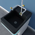 Modern Sink Vanity with White Faucet Yellow Knobs and Blue Light Strip Against Blue Wall