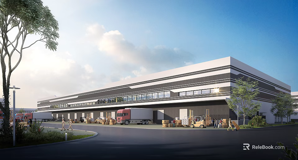 Modern Industrial Warehouse Exterior Design With Logistics Trucks Cargo And Loading Facilities 3d model 