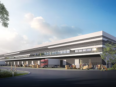 Modern Industrial Warehouse Exterior Design With Logistics Trucks Cargo And Loading Facilities 3d model