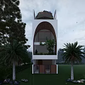 Modern White Detached Villa With Arched Windows Palm Trees And Lush Greenery