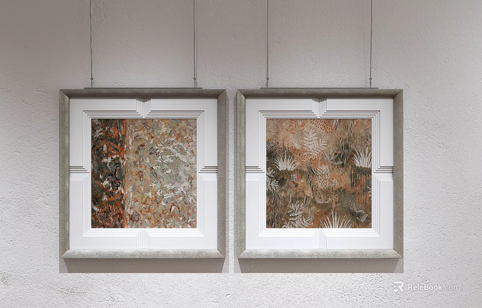 Two Framed Oil Paintings Hanging on White Wall With Textured Colorful Abstract Patterns 3d model 