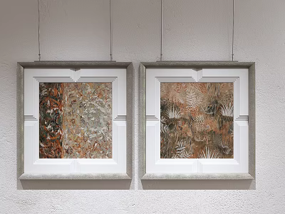 Two Framed Oil Paintings Hanging on White Wall With Textured Colorful Abstract Patterns 3d model