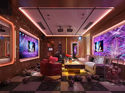Luxury KTV Interior With Comfortable Sofas Large LED Screens And Colorful Neon Lights 3d model