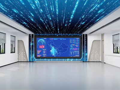 School Modern Tech Classroom With Large Display China Map Data Charts And Blue Lighting Effects 3d model
