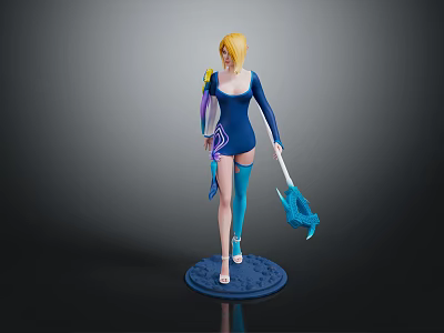 Blonde Female Character in Blue Tight-Fitting Outfit Holding Blue Object Standing on Circular Base 3d model