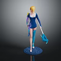 Blonde Female Character in Blue Tight-Fitting Outfit Holding Blue Object Standing on Circular Base