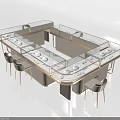 Modern Display Shelves With Glass Countertops And Chairs Around For Showcasing Items