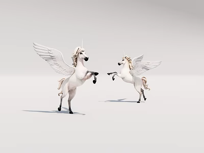 Two White Winged Unicorn Figurines in Standing Pose on Light Background 3d model