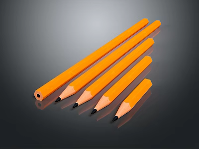 Five Orange Pencils Placed Side By Side On Black Reflective Surface As Daily Supplies 3d model