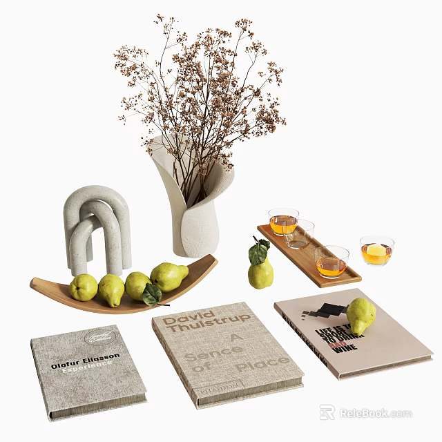 Minimalist Decorative Ornaments Set With Dried Flowers Vase Wooden Tray Green Pears And Decorative Books 3d model 