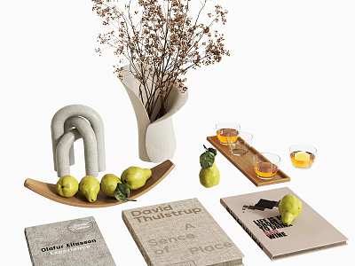 Minimalist Decorative Ornaments Set With Dried Flowers Vase Wooden Tray Green Pears And Decorative Books 3d model