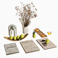 Minimalist Decorative Ornaments Set With Dried Flowers Vase Wooden Tray Green Pears And Decorative Books