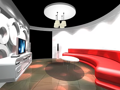 Modern Living Room Interior With Red Curved Sofa White TV Cabinet And Round Coffee Table 3d model