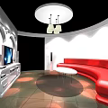Modern Living Room Interior With Red Curved Sofa White TV Cabinet And Round Coffee Table