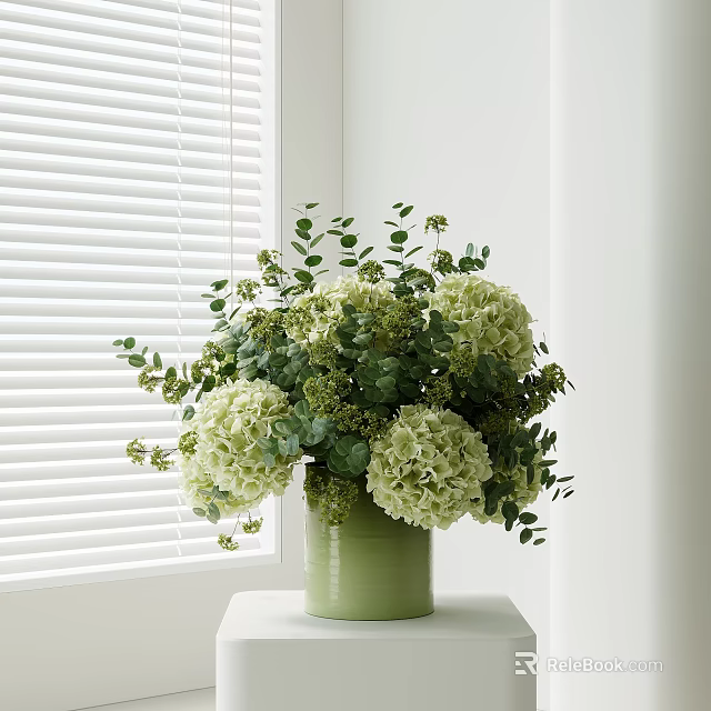 Green Vase With White Hydrangeas And Eucalyptus Leaves On White Table By White Blinds 3d model 