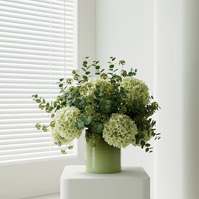Green Vase With White Hydrangeas And Eucalyptus Leaves On White Table By White Blinds 3d model