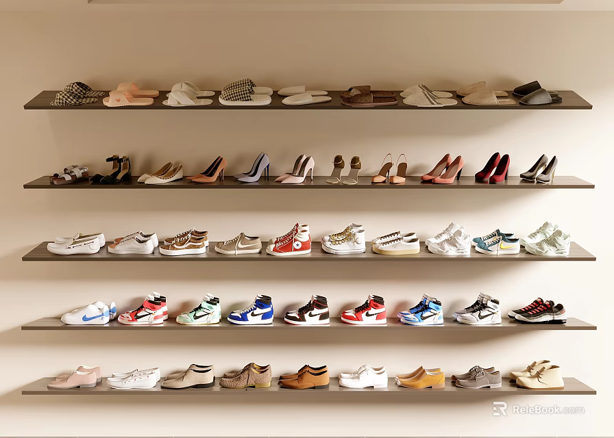 Various Styles Different Colors Shoes Neatly Arranged On Shelves Shoe Store 3d model 