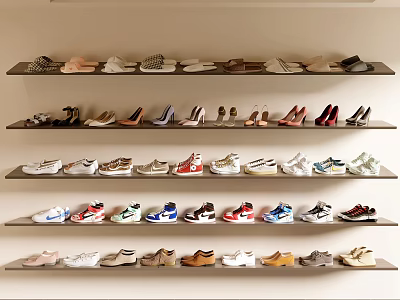 Various Styles Different Colors Shoes Neatly Arranged On Shelves Shoe Store 3d model