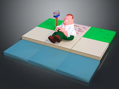 3D Animated Game Character Sitting on Sidewalk Next to Mailbox With Angry Expression 3d model