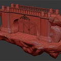 Stone Arch Entrance Gate With Wooden Grille And Balcony Rail On Moss Covered Rock Base