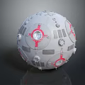 Detailed Design of Gray Aerospace Sphere With Red Cross Markings Circular Windows And Gears