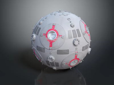 Detailed Design of Gray Aerospace Sphere With Red Cross Markings Circular Windows And Gears 3d model