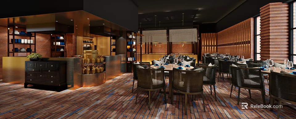 Elegant Modern Restaurant Interior With Round Tables Wicker Chairs And Warm Lighting 3d model 