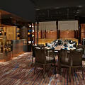 Elegant Modern Restaurant Interior With Round Tables Wicker Chairs And Warm Lighting 3d model