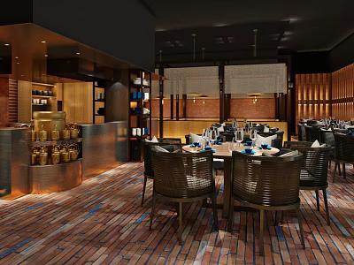 Elegant Modern Restaurant Interior With Round Tables Wicker Chairs And Warm Lighting 3d model
