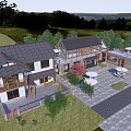 Scenic Traditional Guesthouse Building With Courtyard Outdoor Umbrellas Seating Greenery And Stone Pavement